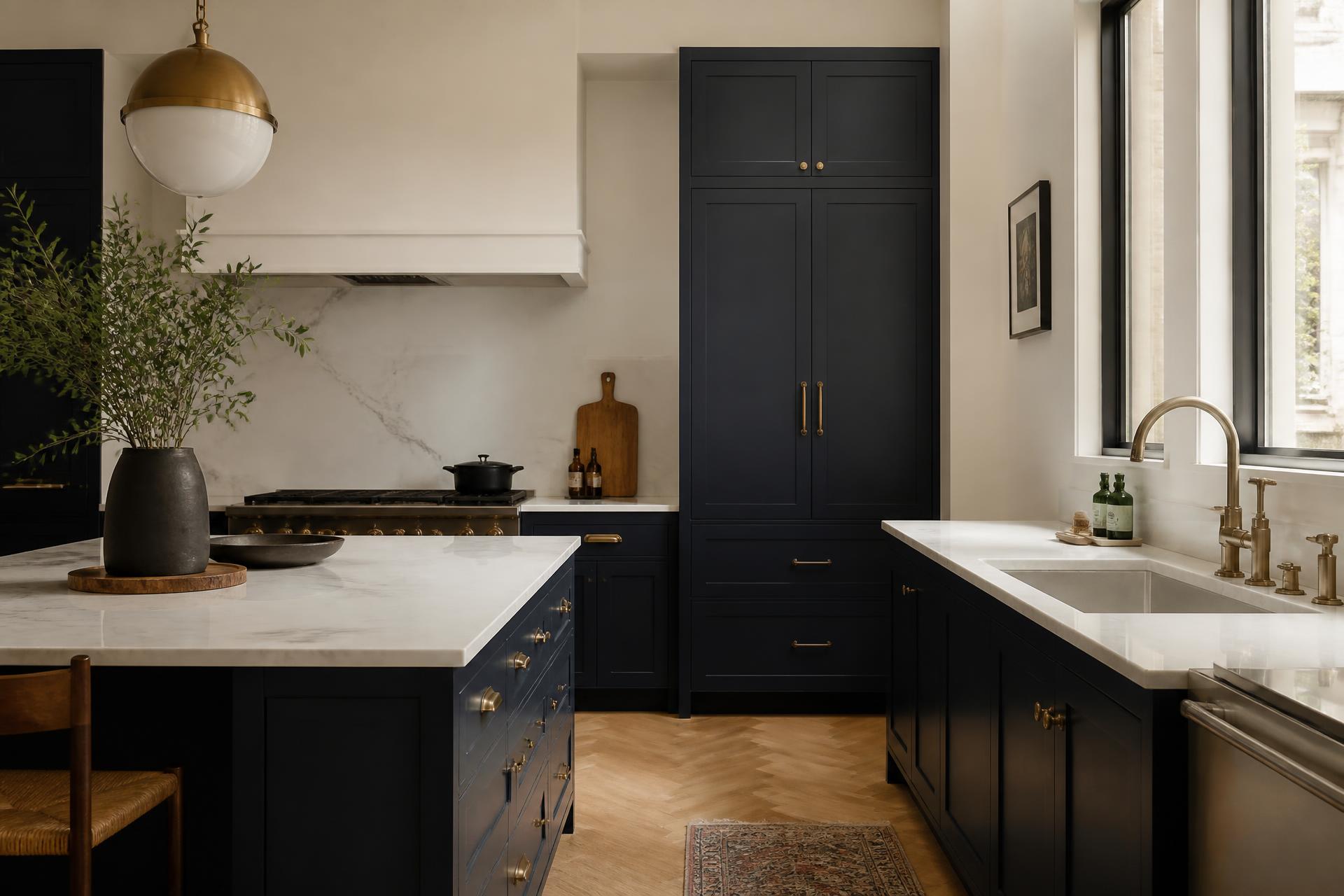 Luxury kitchen with deep navy shaker cabinetry, marble counters and brass hardware