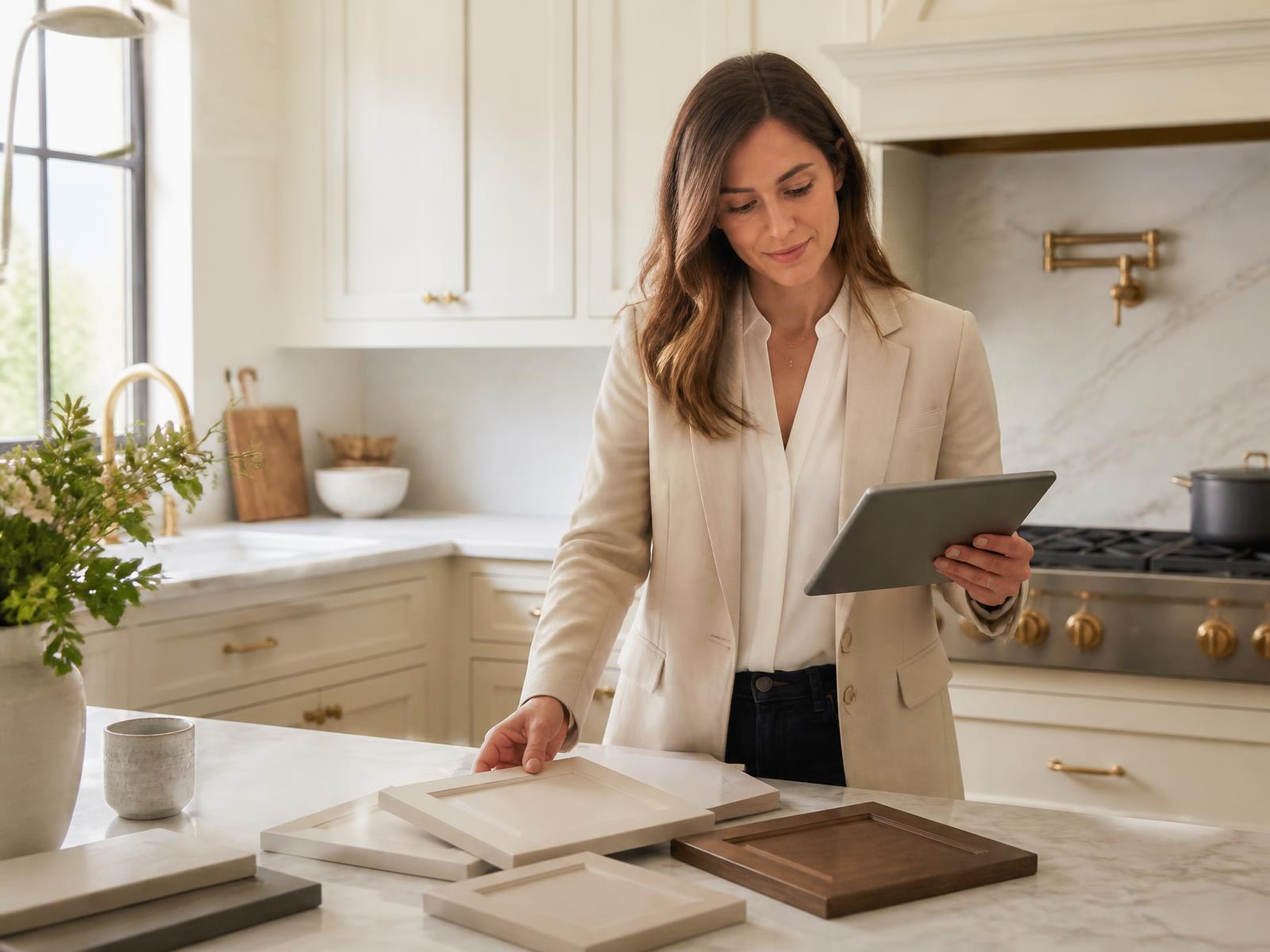 A Royalty Kitchen & Bath designer reviewing cabinet door samples on a kitchen counter